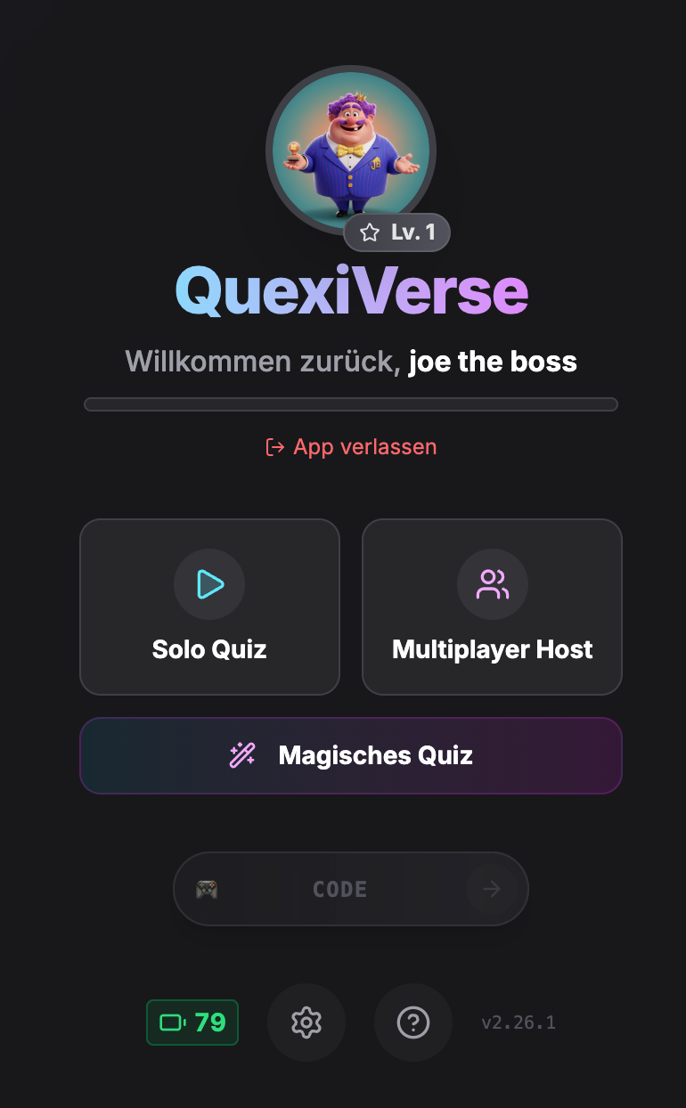 QuexiVerse Welcome Screen - KI-generierte Quiz App